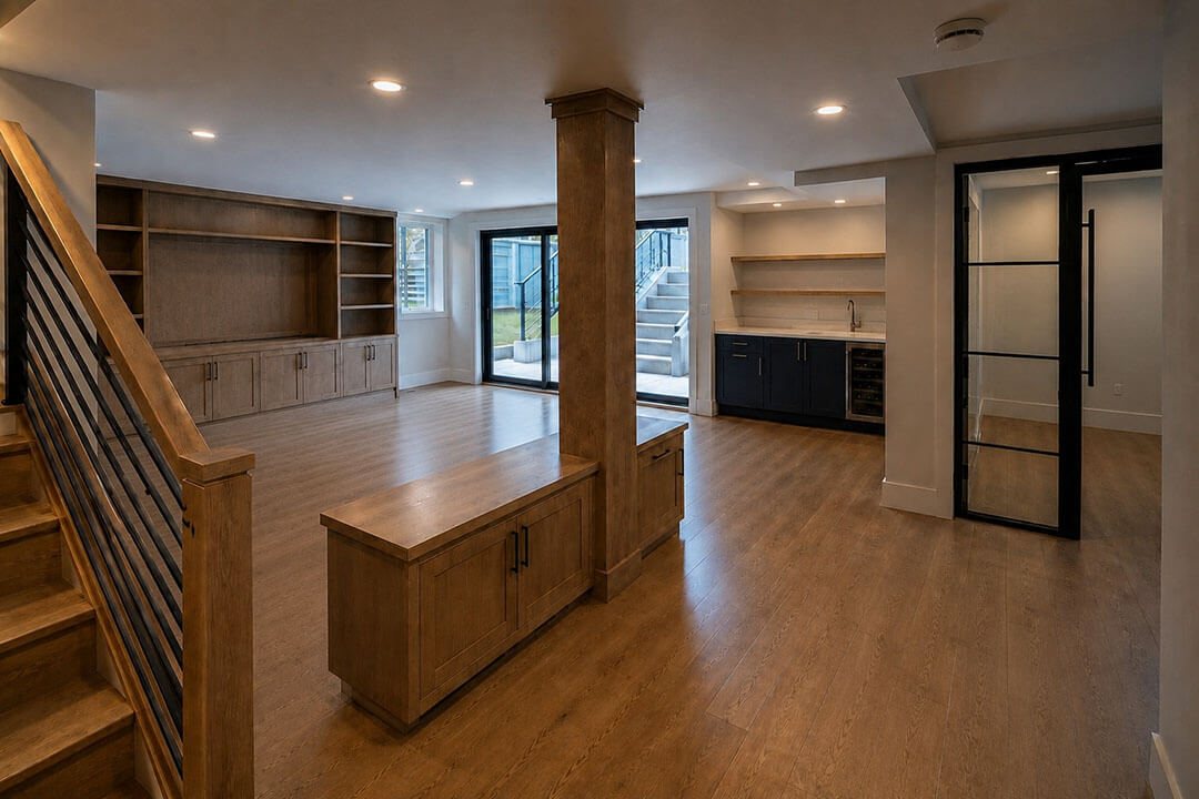 finished basement with wood flooring