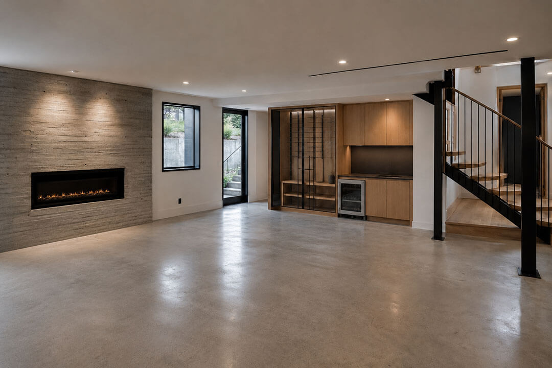 remodeled basement with tile flooring