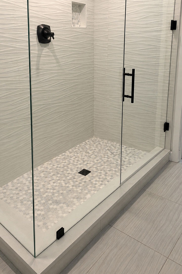 Bathroom P5 remodeled all glass shower with porcelain tile