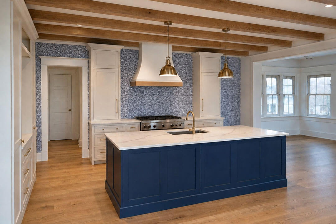 remodeled kitchen blue free standing island with sink
