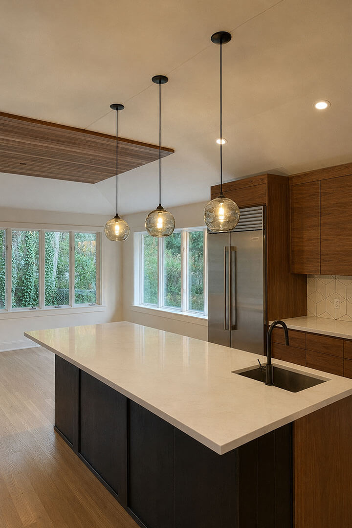 remodeled kitchen with free standing island and sink